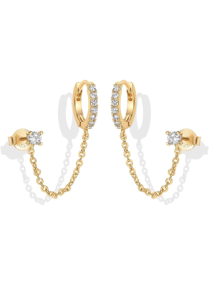 Ucanbe 14K Gold Chain Earrings for Women – Double Piercing Dangle Chain Huggie Hoop with CZ Pearl Stud Ear Cuff - Image 1